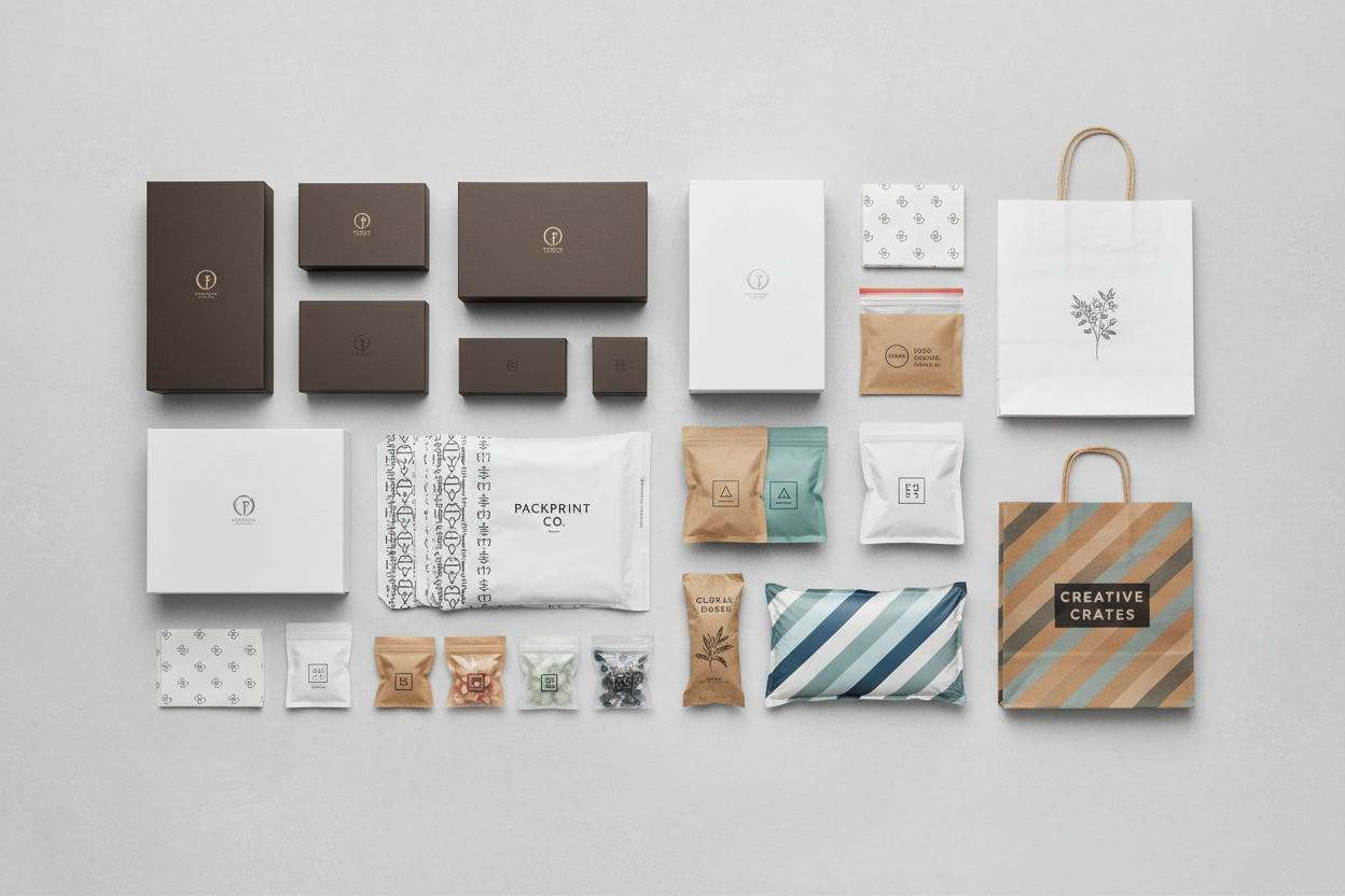 Aerial view of full packaging product range on grey background